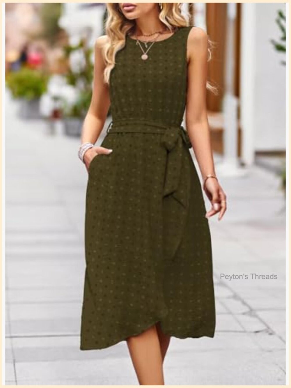 Belted Sleeveless Split Midi Dress with Pockets Crew Neck Boho Sundress - Picture 5 of 7